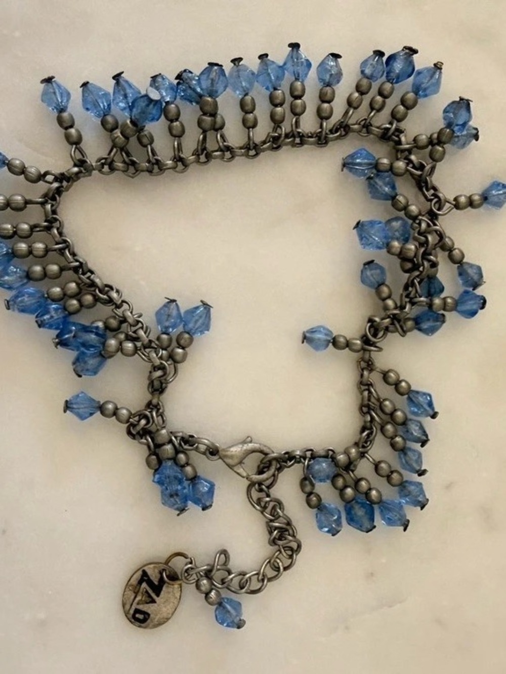 Vintage 'ZAD Beaded Dangle Anklet • Antique Silver Blue Crystals Boho Y2K